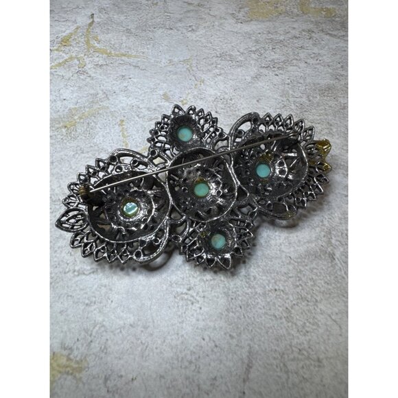 Vintage Large Statement Brooch Silver Tone with Turquoise Stones - Picture 6 of 6